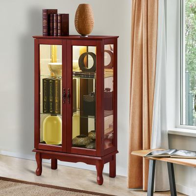 2 Doors Lighted Curio Display Cabinet, 3 Tier Curio Cabinet with Adjustable Shelves, Tempered Glass Doors and Mirrored Back Panel Floor Standing Glass Curio Cabinet Showcase for Home, Office, Cherry