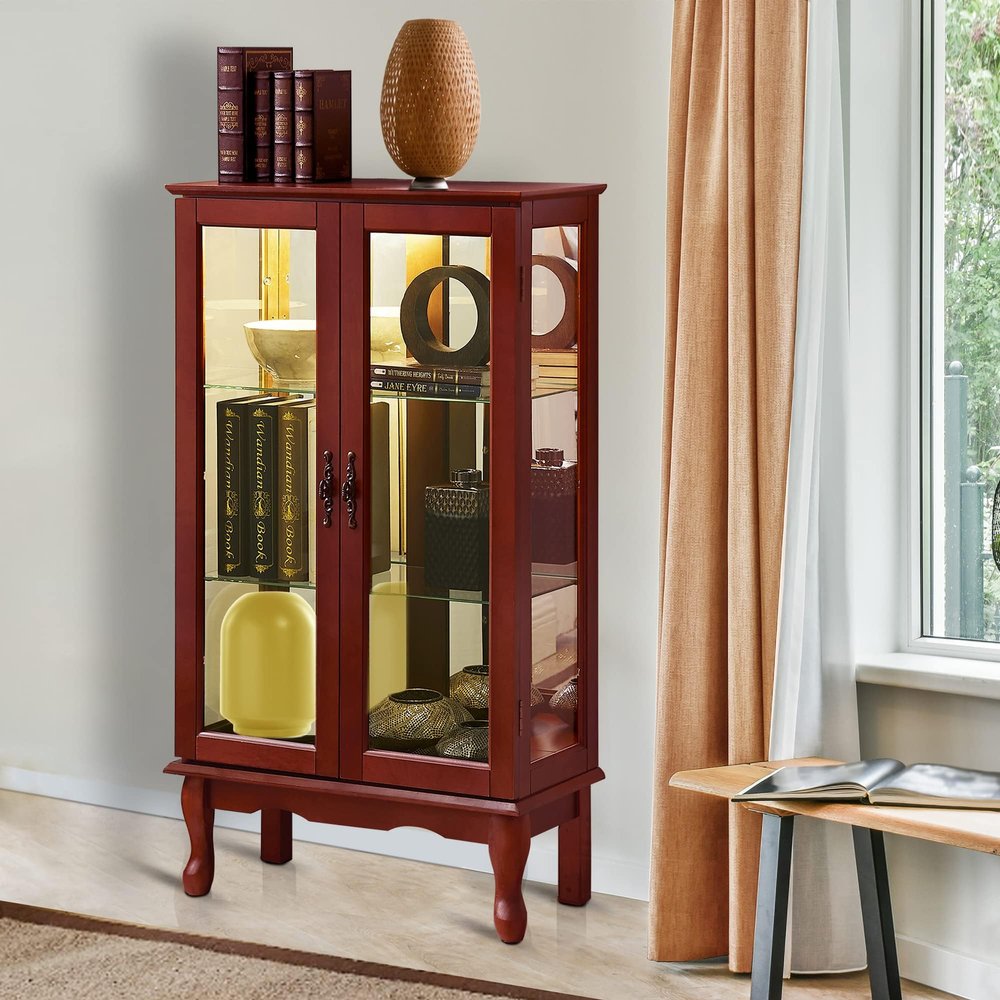 2 Doors Lighted Curio Display Cabinet, 3 Tier Curio Cabinet with Adjustable Shelves, Tempered Glass Doors and Mirrored Back Panel Floor Standing Glass Curio Cabinet Showcase for Home, Office, Cherry
