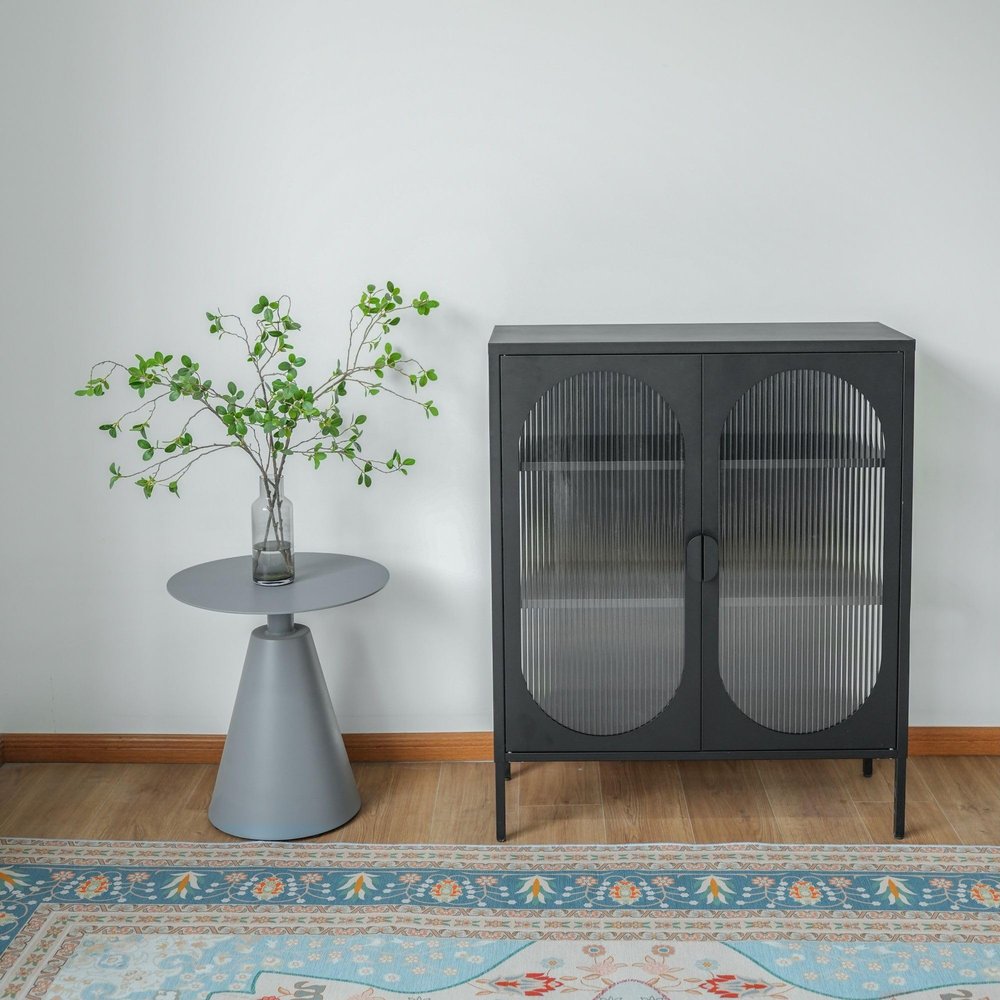 Direct Wicker Short 2-Door 3 Shelf Steel Accent Cabinet with Fluted Glass-Black