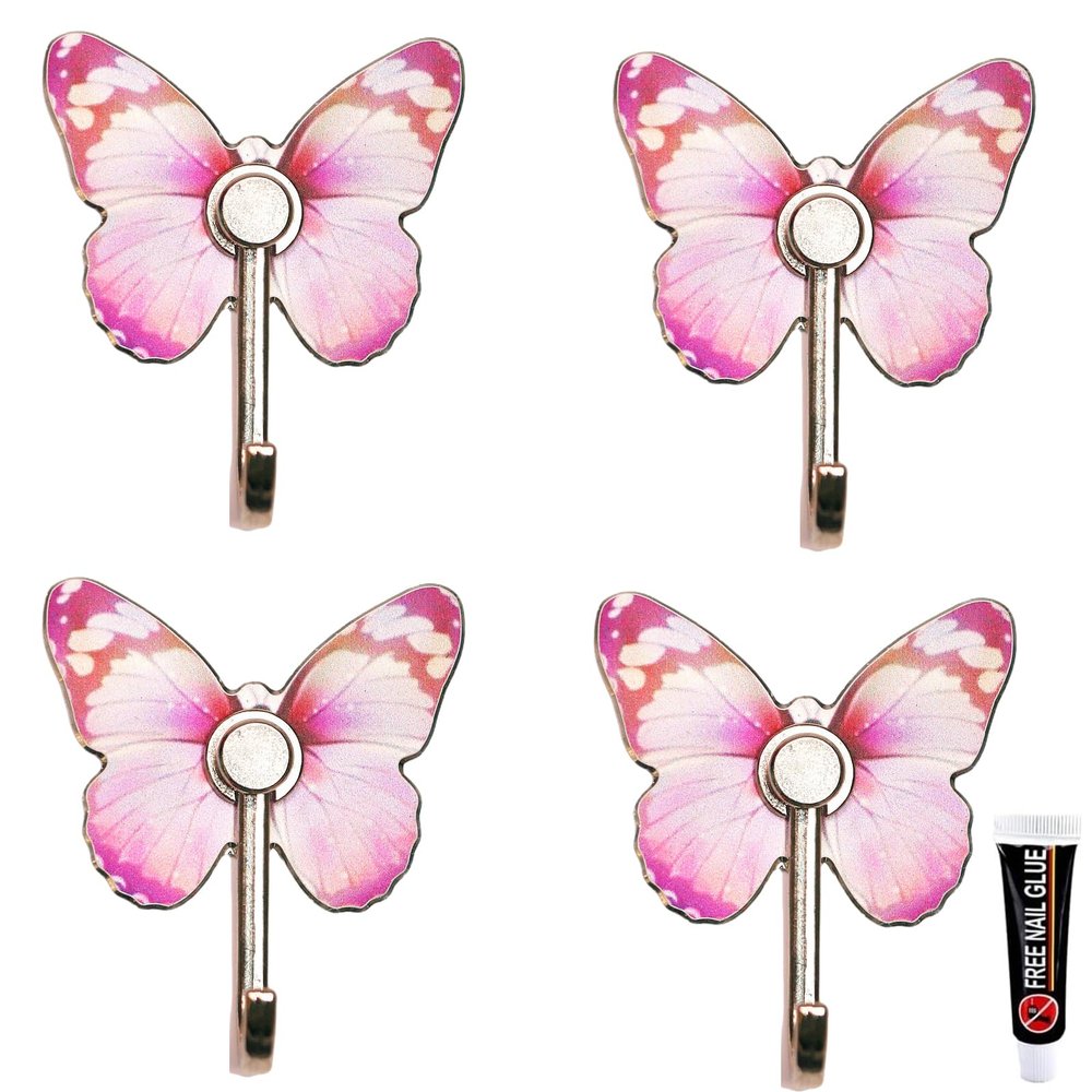 ZJkHAOJ Wall Mounted Coat Rack 4 Pack Aluminum Alloy Hook Colorful Butterfly Hook Strong Self-Adhesive Coat Hook for Wall Suitable for Bathroom Kitchen Towel Bedroom Door Hook (NO.50)(Pink)