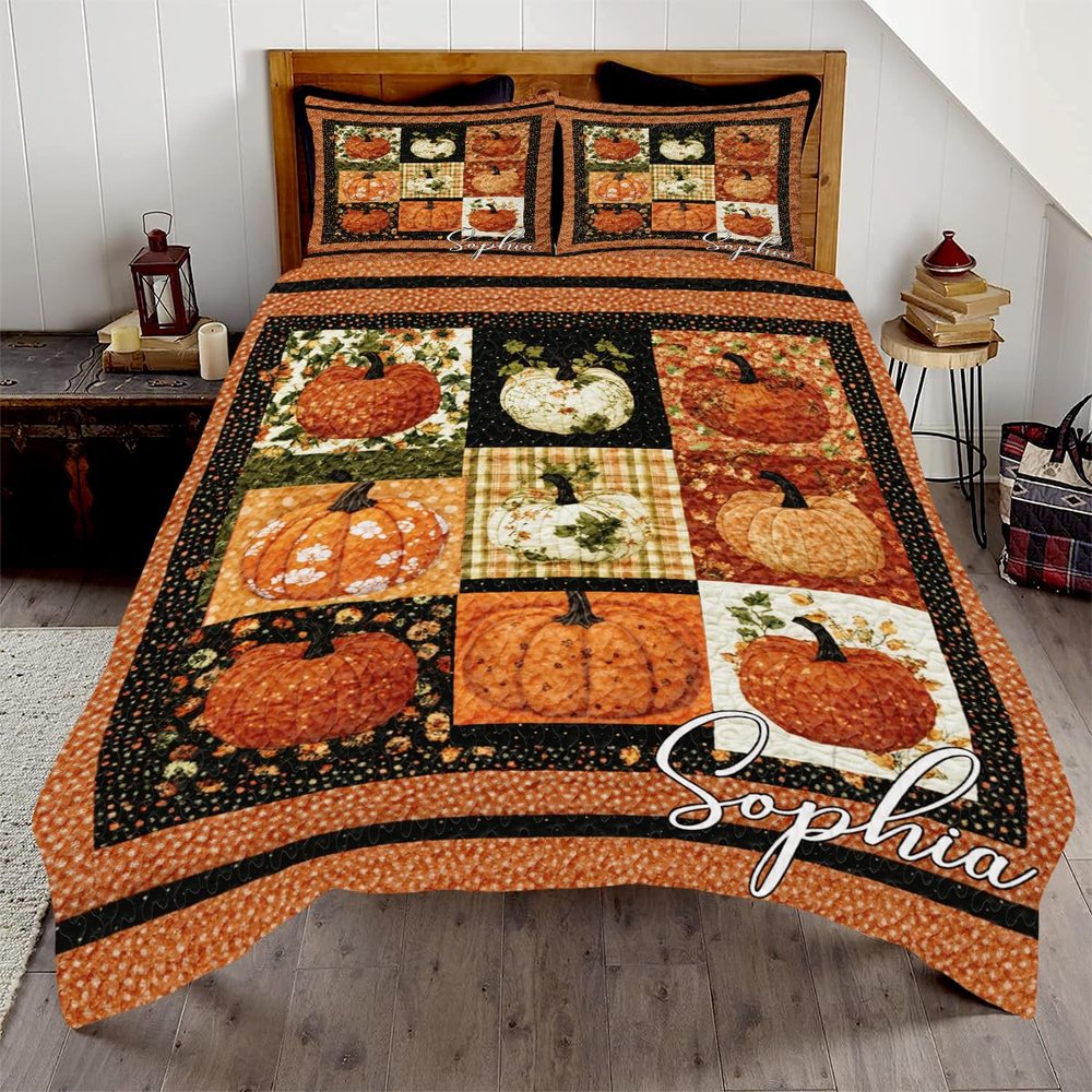 Autumn Maple Leaves Pumpkin Patchwork Plaid Quilt - Fall Throw Blanket & Comforter Set - Full Size Quilted Bedding