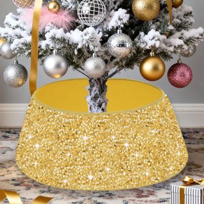 SOMUAUY Gold Christmas Tree Collar Gold Tree Skirt 24 Inch Christmas-Tree-Skirts for Artificial Trees Velvet Tree Collar for Pencil Tree Merry Christmas Tree Ring Xmas Tree Base Collar Decoration