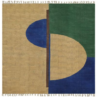 Kilim Rug 7' Square Area Rug Geometric Design Hand Surface Was Brown Blue Hand Block Printed Cotton Dhurrie 0.19" Thick Handmade Boho Indoor Outdoor Use Flatweave Rugs for Hall Room,Dining Room
