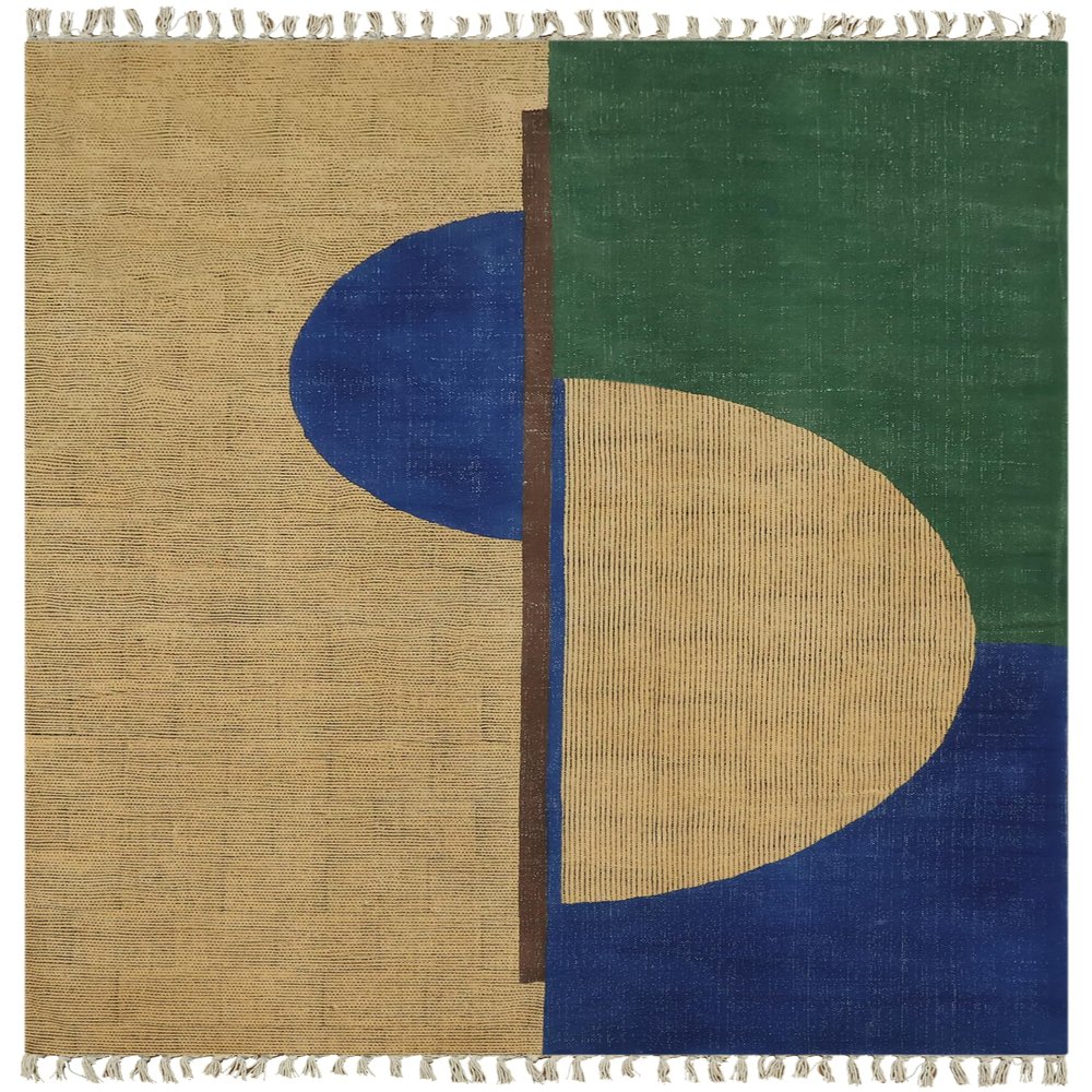Kilim Rug 7' Square Area Rug Geometric Design Hand Surface Was Brown Blue Hand Block Printed Cotton Dhurrie 0.19" Thick Handmade Boho Indoor Outdoor Use Flatweave Rugs for Hall Room,Dining Room