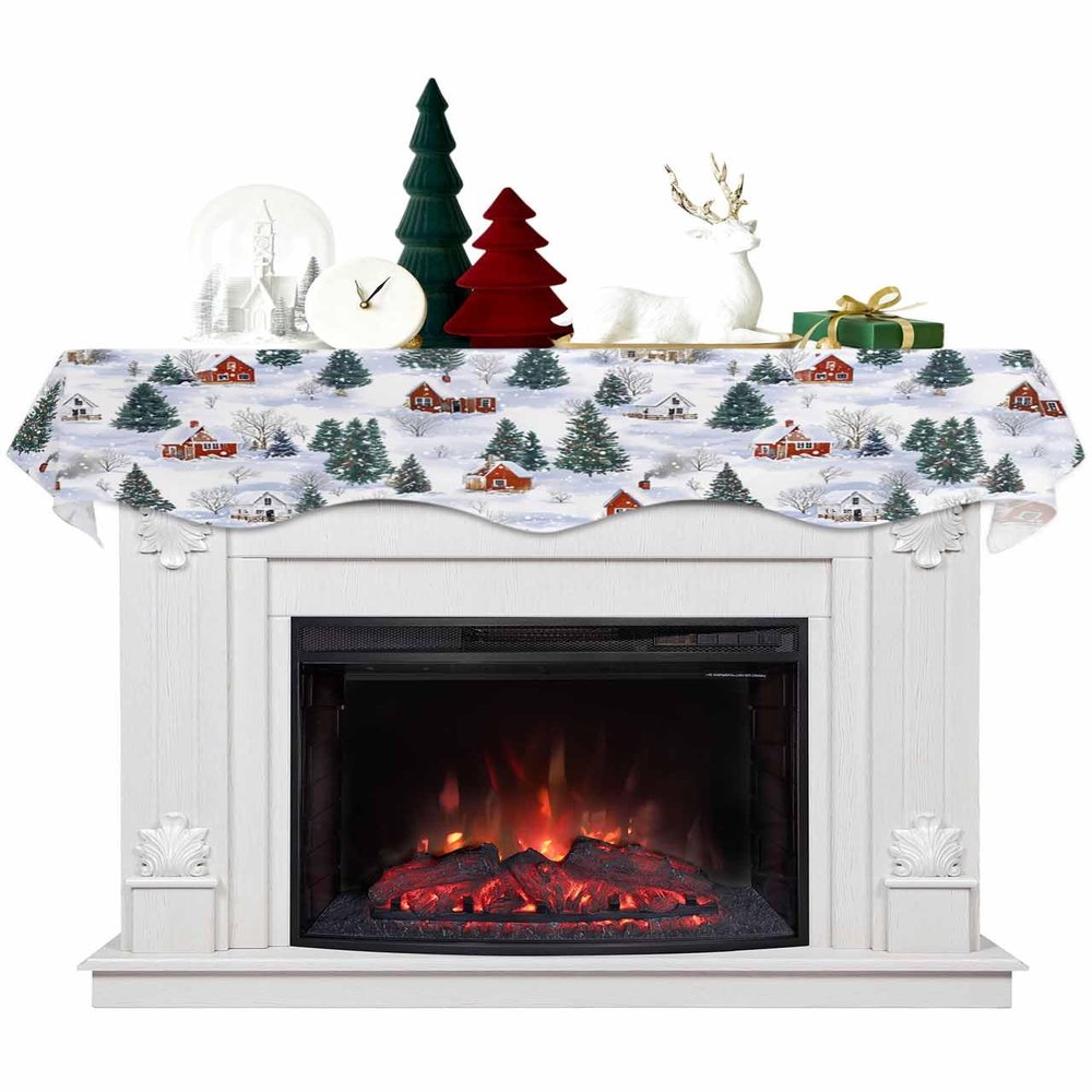 ZFUNCING Seamless Christmas Tree Winter Farmhouse Mantel Scarf Fireplace Top Runner,Mantel Scarves Cover Table Runners for Home Daily Use Holiday Party Decor 70x17in,Rustic Snow Scene