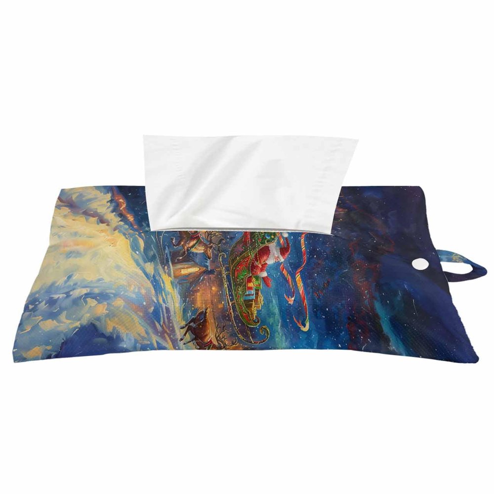 1pcs Tissue Box Cover,Paper Sleeve Christmas Night Santa Claus Sleigh Reusable Tissue Holder Hanging Tissue Bag,Snow Scene Reindeer Oil Painting Decorative Napkin Container for Car Bathroom Office