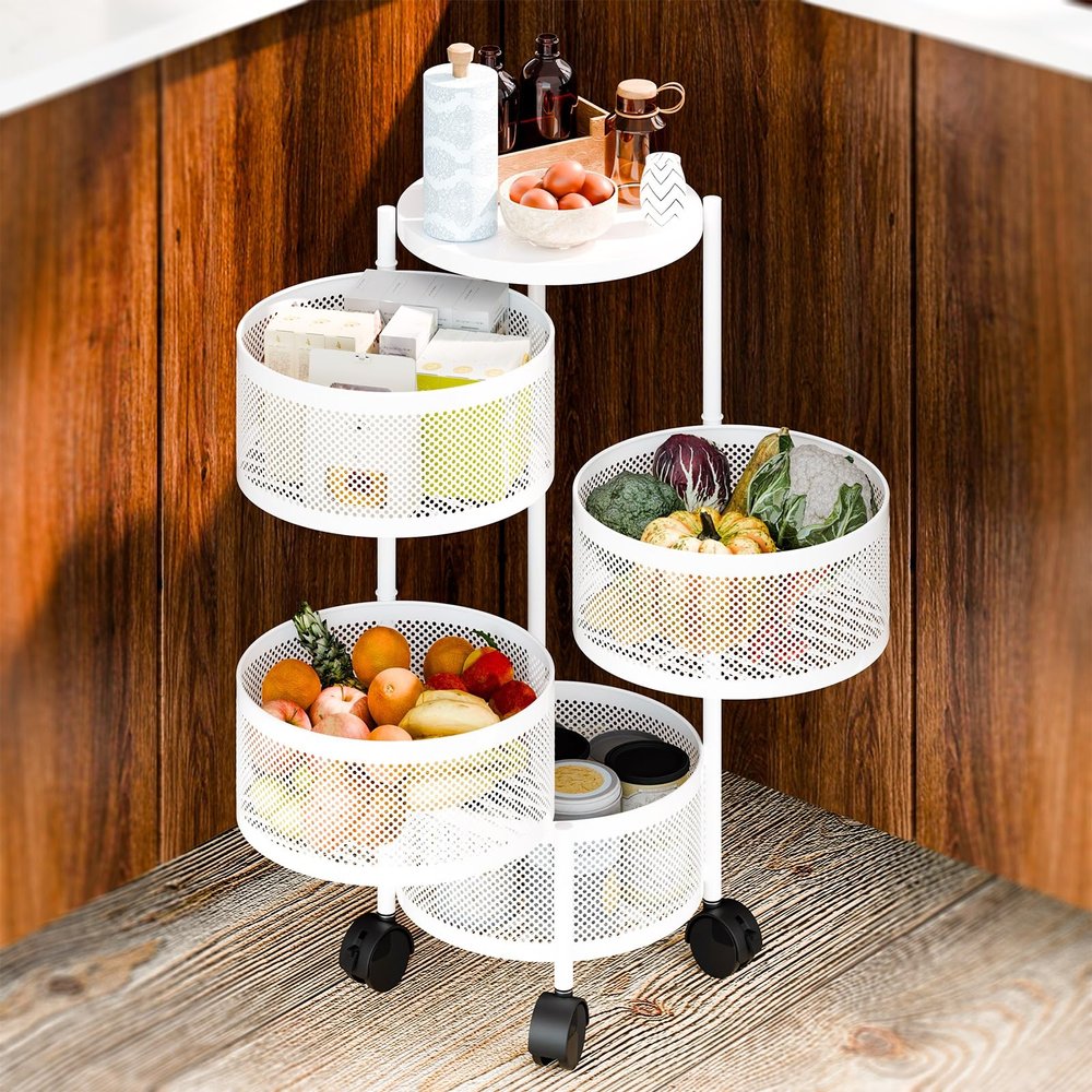 SamFansar Fruit Vegetable Basket Bowls for Kitchen, Rotating Storage Rack, 3/4/5 Tier Circular Rotating Basket Large Storage Rack with Wheels, Metal Wire Shelf Rolling Cart with top lid for Living Ro