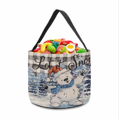2 Pieces Halloween Trick or Treat Candy Bags,Christmas Snowy Forest Cartoon White Bear Reusable Goody Bucket Collapsible Candy Tote Bag for Holiday Gift Basket Party Favor,Vintage Snow Scene Check
