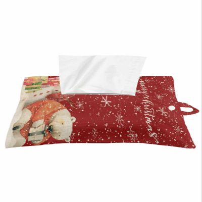 1pcs Tissue Box Cover,Paper Sleeve Christmas Snowman Cartoon Polar Bear Reusable Tissue Holder Hanging Tissue Bag,Vintage Snowflake on Red Decorative Napkin Container for Car Bathroom Office