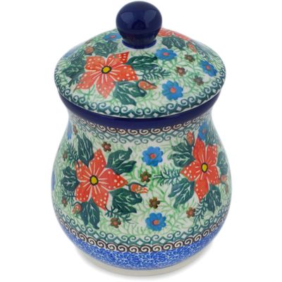 Polmedia Polish Pottery Jar with Lid UNIKAT - Red Jackmanii Pattern Handmade in Boleslawiec Poland by Ceramika Artystyczna + Certificate of Authenticity