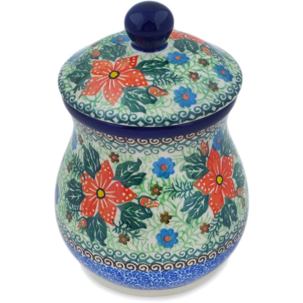 Polmedia Polish Pottery Jar with Lid UNIKAT - Red Jackmanii Pattern Handmade in Boleslawiec Poland by Ceramika Artystyczna + Certificate of Authenticity