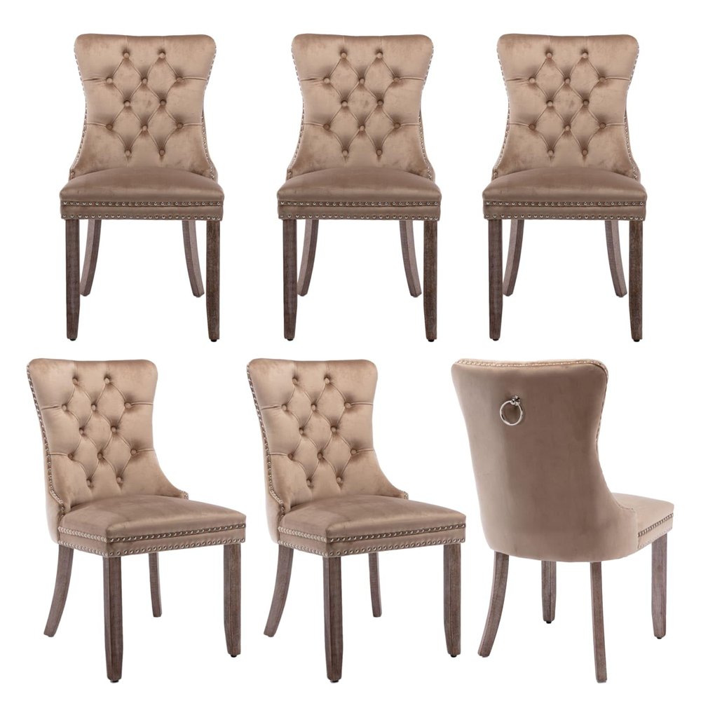 BEIDOR Khaki Velvet Dining Chairs Set of 6,Tufted Dining Chairs with Nailhead Trim,Upholstered Dining Chair with Solid Wood Legs for Kitchen,Dining Room,Living Room