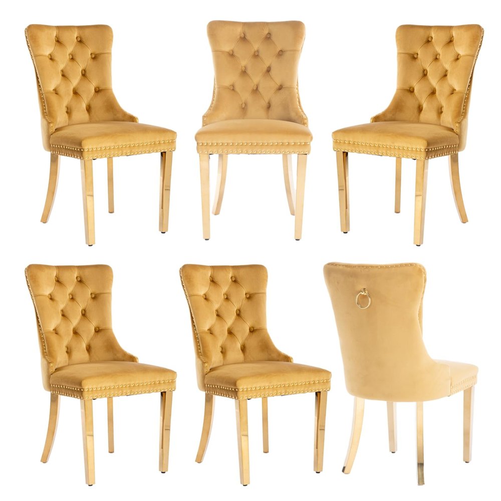BEIDOR Golden Velvet Dining Chairs Set of 6,Tufted Dining Chairs with Nailhead Trim,Upholstered Dining Chair with Gold Metal Legs for Kitchen,Dining Room,Living Room