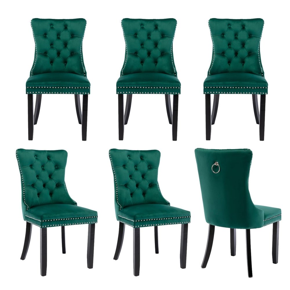 BEIDOR Green Velvet Dining Chairs Set of 6,Tufted Dining Chairs with Nailhead Trim,Upholstered Dining Chair with Black Wood Legs for Kitchen,Dining Room,Living Room