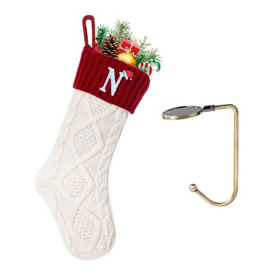 VRFASHION Christmas Stockings with Initials, Letter N Embroidered Xmas Stockings, 18" Large Monogram Knitted Xmas Stocking, Christmas Party Fireplace Family Hanging Stocking Decorations 1Pcs White-Red