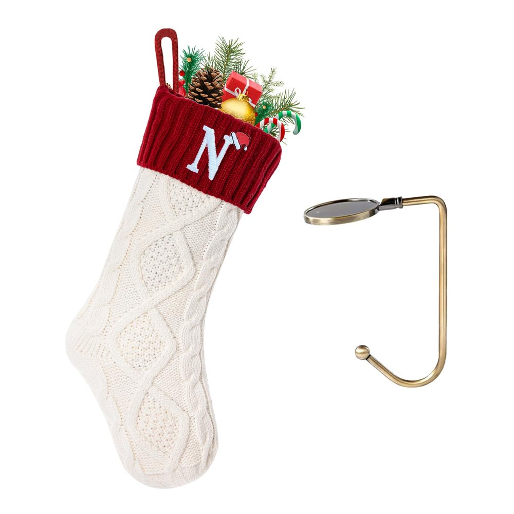 VRFASHION Christmas Stockings with Initials, Letter N Embroidered Xmas Stockings, 18" Large Monogram Knitted Xmas Stocking, Christmas Party Fireplace Family Hanging Stocking Decorations 1Pcs White-Red
