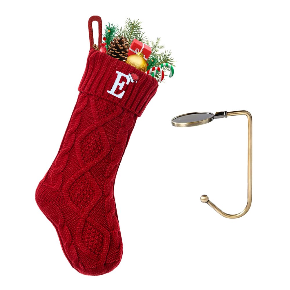 VRFASHION Christmas Stockings with Initials, Letter E Embroidered Xmas Stockings, 18" Large Monogram Knitted Xmas Stocking, Christmas Party Fireplace Family Hanging Stocking Decorations(1 Pack, Red)