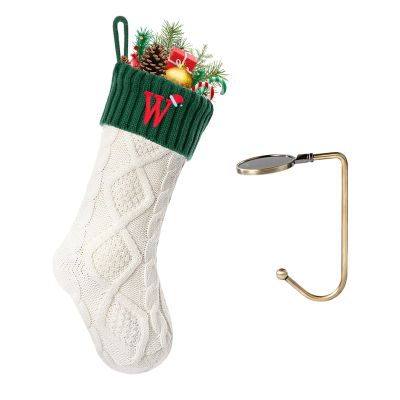 VRFASHION Christmas Stockings with Initials, Letter W Embroidered Xmas Stocking, 18" Large Monogram Knitted Xmas Stocking, Christmas Party Fireplace Family Hanging Stocking Decoration 1Pcs White-Green