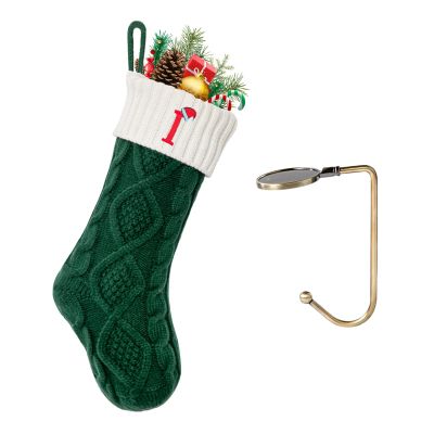 VRFASHION Christmas Stockings with Initials, Letter I Embroidered Xmas Stocking, 18" Large Monogram Knitted Xmas Stocking, Christmas Party Fireplace Family Hanging Stocking Decoration 1Pcs Green-White