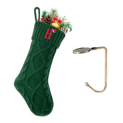 VRFASHION Christmas Stockings with Initials, Letter H Embroidered Xmas Stockings, 18" Large Monogram Knitted Xmas Stocking, Christmas Party Fireplace Family Hanging Stocking Decorations(1 Pack, Green)