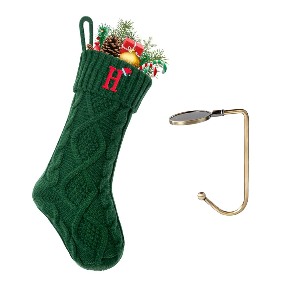 VRFASHION Christmas Stockings with Initials, Letter H Embroidered Xmas Stockings, 18" Large Monogram Knitted Xmas Stocking, Christmas Party Fireplace Family Hanging Stocking Decorations(1 Pack, Green)