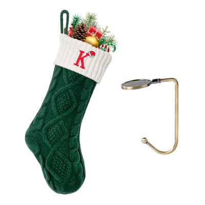 VRFASHION Christmas Stockings with Initials, Letter K Embroidered Xmas Stocking, 18" Large Monogram Knitted Xmas Stocking, Christmas Party Fireplace Family Hanging Stocking Decoration 1Pcs Green-White