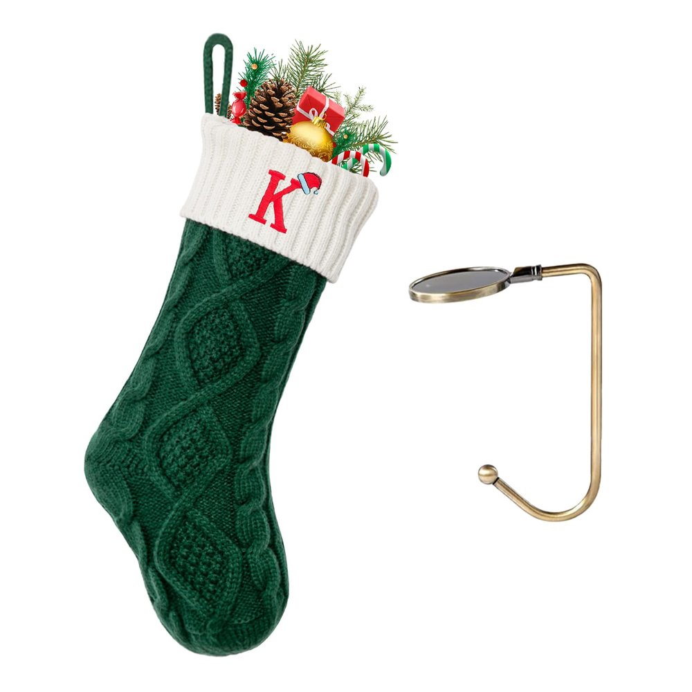 VRFASHION Christmas Stockings with Initials, Letter K Embroidered Xmas Stocking, 18" Large Monogram Knitted Xmas Stocking, Christmas Party Fireplace Family Hanging Stocking Decoration 1Pcs Green-White