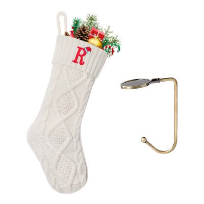 VRFASHION Christmas Stockings with Initials, Letter R Embroidered Xmas Stockings, 18" Large Monogram Knitted Xmas Stocking, Christmas Party Fireplace Family Hanging Stocking Decorations(1 Pack, White)