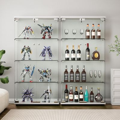 KUVADAZ Glass Display Cabinet, Glass Cabinet with 4 Shelves and Lock, 2-Door Floor Standing Curio Cabinets, Clear Bookshelf Collection Display Case for Living Room Bedroom Office (White)