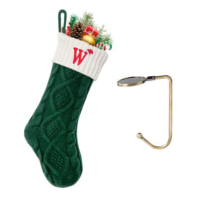 VRFASHION Christmas Stockings with Initials, Letter W Embroidered Xmas Stocking, 18" Large Monogram Knitted Xmas Stocking, Christmas Party Fireplace Family Hanging Stocking Decoration 1Pcs Green-White