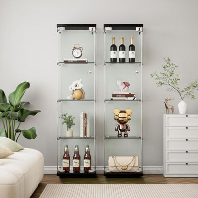 KUVADAZ Glass Display Cabinet, Glass Cabinet with 4 Shelves and Lock, 1-Door Floor Standing Curio Cabinets, Clear Bookshelf Collection Display Case for Living Room Bedroom Office (Black)