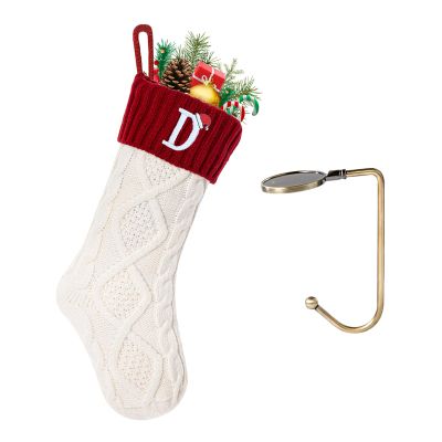 VRFASHION Christmas Stockings with Initials, Letter D Embroidered Xmas Stockings, 18" Large Monogram Knitted Xmas Stocking, Christmas Party Fireplace Family Hanging Stocking Decorations 1Pcs White-Red