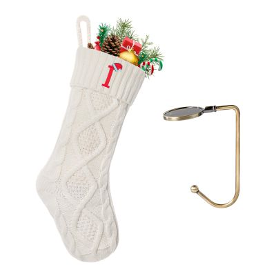 VRFASHION Christmas Stockings with Initials, Letter I Embroidered Xmas Stockings, 18" Large Monogram Knitted Xmas Stocking, Christmas Party Fireplace Family Hanging Stocking Decorations(1 Pack, White)