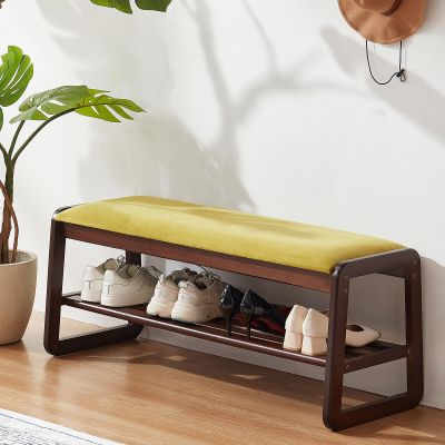 Shoe Rack Bench, 2 Tier Solid Wooden Entryway Bench(Olive Green, 39.4")