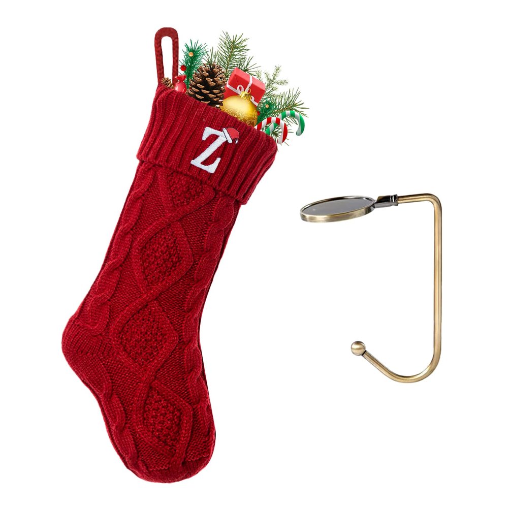 VRFASHION Christmas Stockings with Initials, Letter Z Embroidered Xmas Stockings, 18" Large Monogram Knitted Xmas Stocking, Christmas Party Fireplace Family Hanging Stocking Decorations(1 Pack, Red)