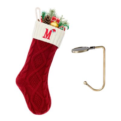 VRFASHION Christmas Stockings with Initials, Letter M Embroidered Xmas Stockings, 18" Large Monogram Knitted Xmas Stocking, Christmas Party Fireplace Family Hanging Stocking Decorations 1Pcs Red-White