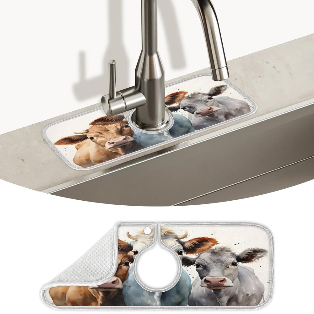 Shoblo Highland Cow Animal Kitchen Sink Splash Guard Absorbent Fast Drying Mat Sink Gadgets Washable Sink Matt for Kitchen Faucet Splash Guard