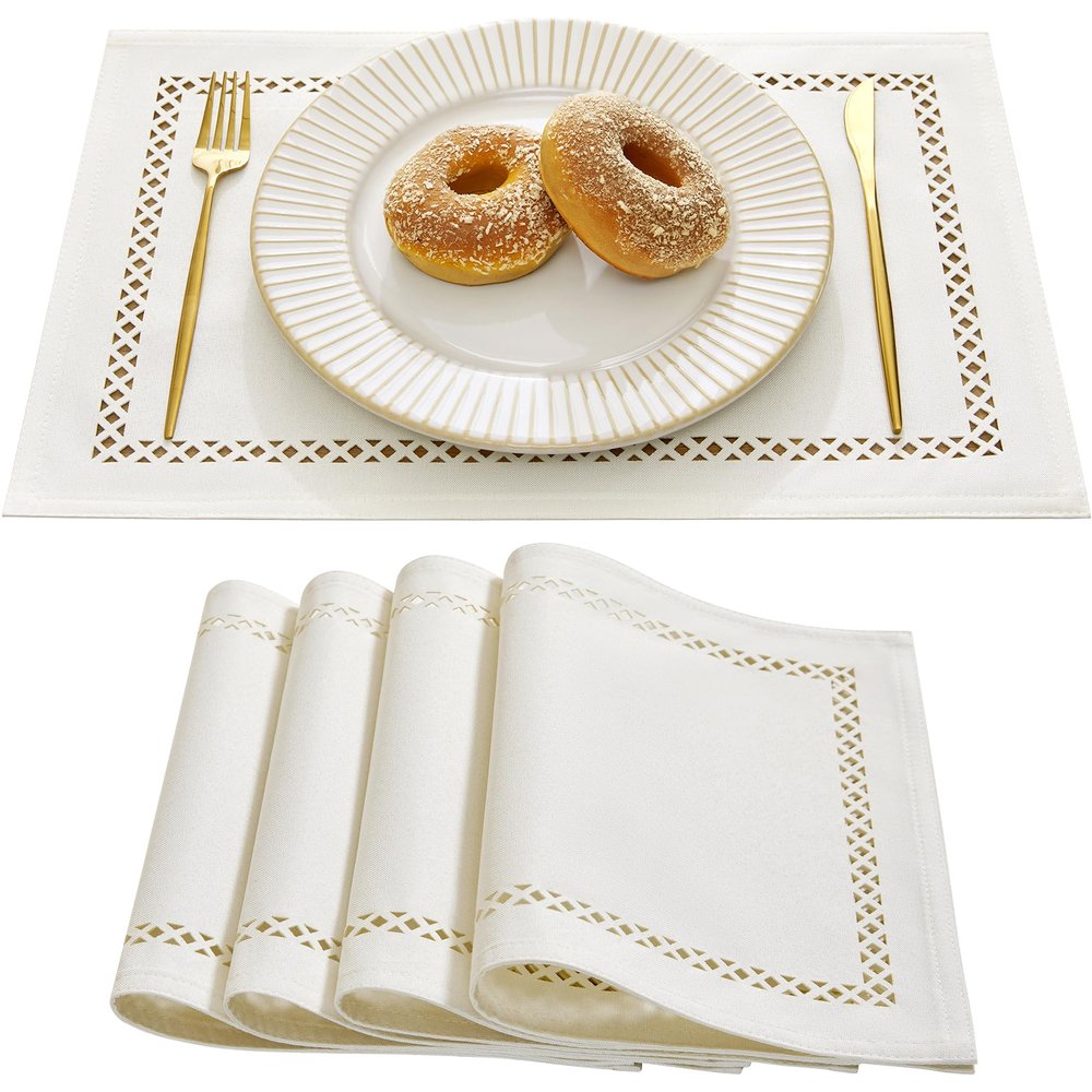 Aoztio Burlap Placemats Set of 4, 12 x 18 Inch Rustic Geometric Hollow Place Mats, Heat Resistant Placemats for Farmhouse Kitchen Table Decor, Off White 4PCS