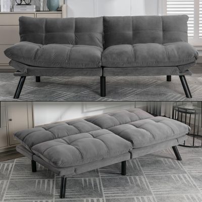 Anwick Modern Futon Couch Bed Sofa: Velvet Fabric Quick Folding Armrest Space-Saving Convertible 2 Seater Loveseat for Living Room Bedroom Small Rooms Apartment (Grey)