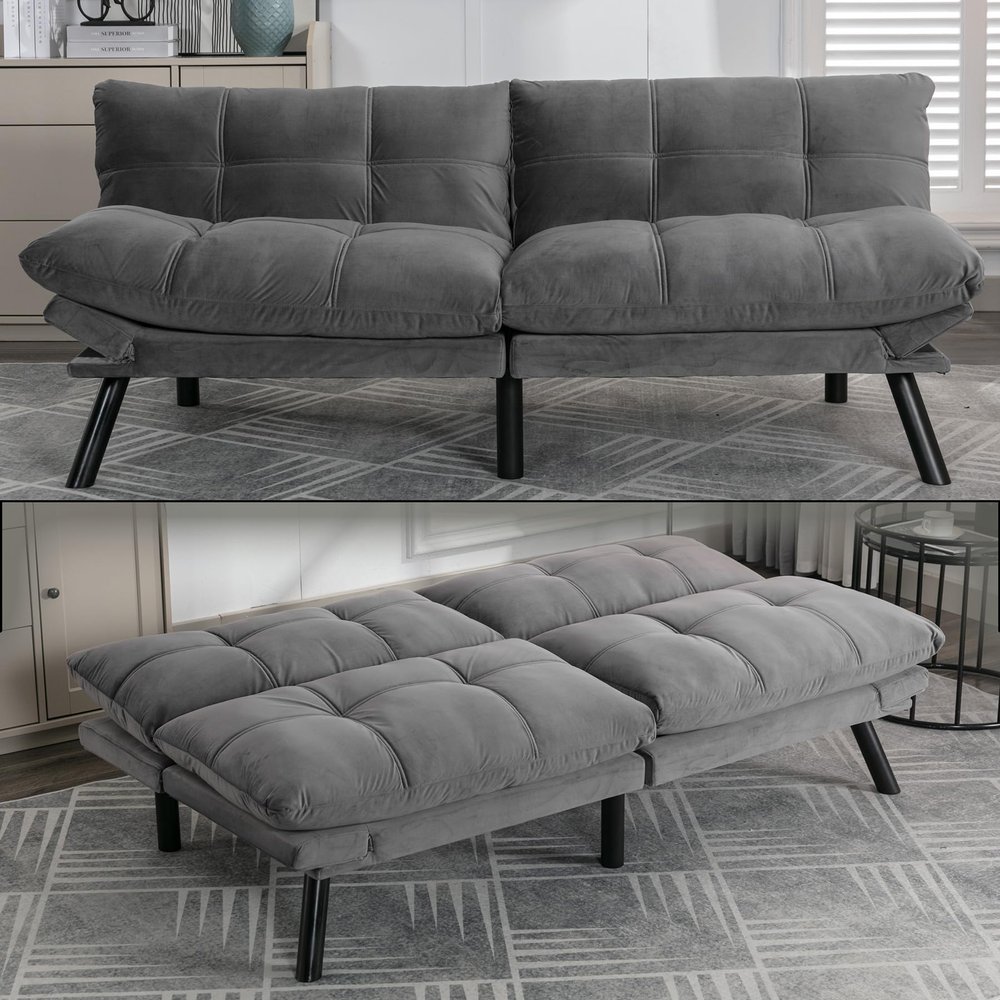 Anwick Modern Futon Couch Bed Sofa: Velvet Fabric Quick Folding Armrest Space-Saving Convertible 2 Seater Loveseat for Living Room Bedroom Small Rooms Apartment (Grey)