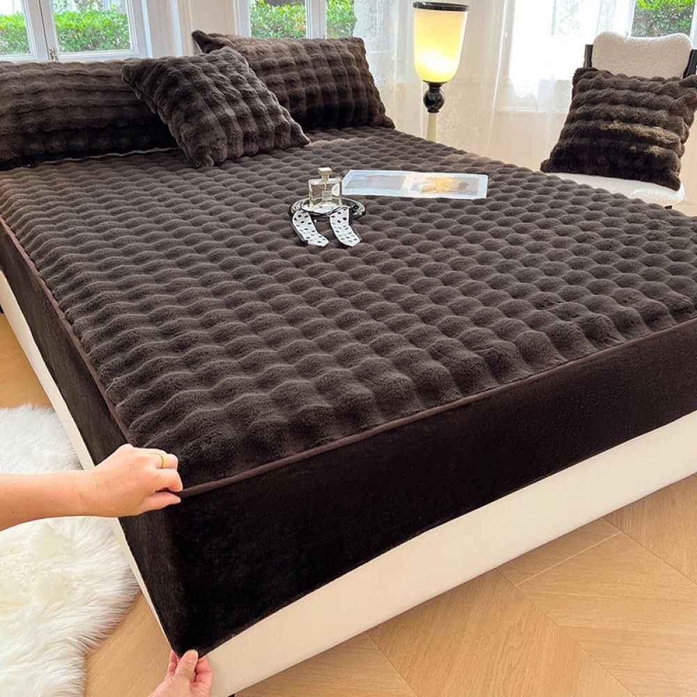 Mattress Cover Fitted Sheet Thickened Plush Mattress Protector Soft Warm Mattress Topper 360 Elastic Band Non-slip Mattress Dustproof Cover for Bedroom Bedding-Brown-2||California king:79x87in(1pcs)