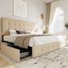 Allewie Upholstered King Size Platform Bed Frame with 4 Storage Drawers and Headboard, Square Stitched Button Tufted, Mattress Foundation with Wooden Slats Support, No Box Spring Needed, Beige view 1