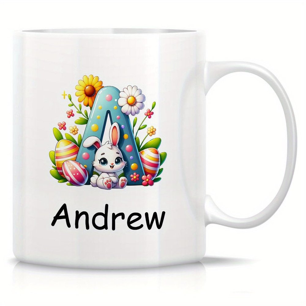 Custom Coffee Mugs - Personalized Ceramic Cups with Initial Letter Name Monogram - Tow Sided Print - Original Design - 11 Oz (Cute Rabbit)