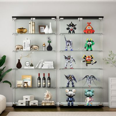 MTFY Glass Display Cabinet with 5 Shelves, Floor Standing Glass Curio Cabinets with 2 Doors and Lock, 73.82" Glass Cabinet Bookshelf Display Case for Toys Trophy Living Room Bedroom (Black)
