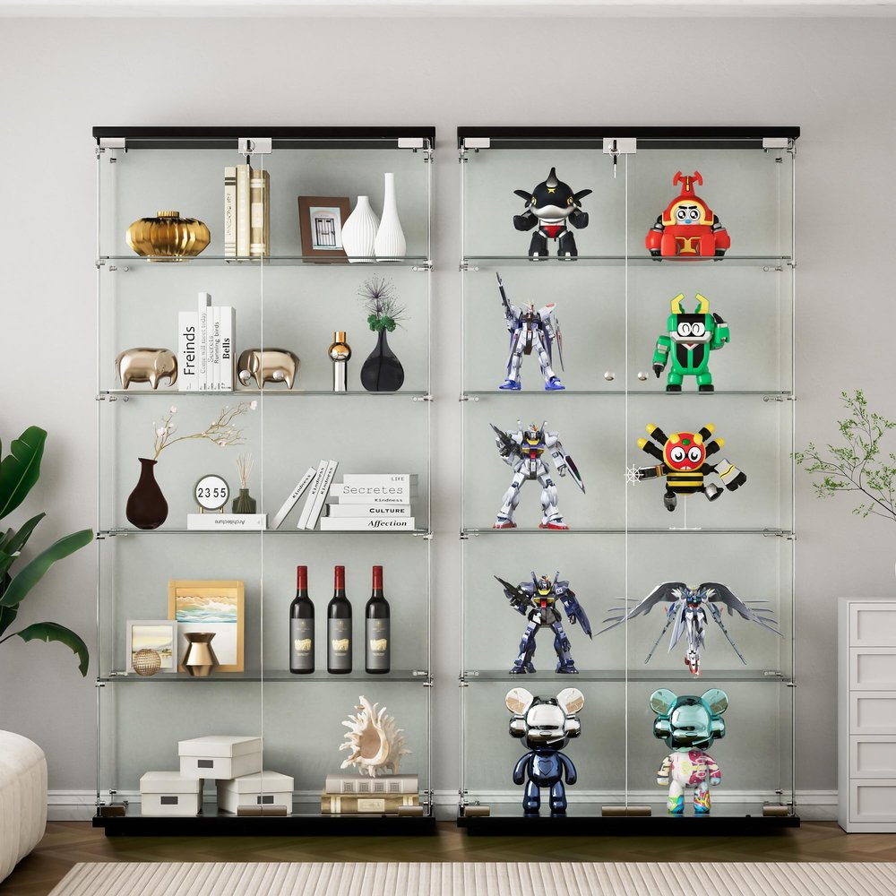 MTFY Glass Display Cabinet with 5 Shelves, Floor Standing Glass Curio Cabinets with 2 Doors and Lock, 73.82" Glass Cabinet Bookshelf Display Case for Toys Trophy Living Room Bedroom (Black)