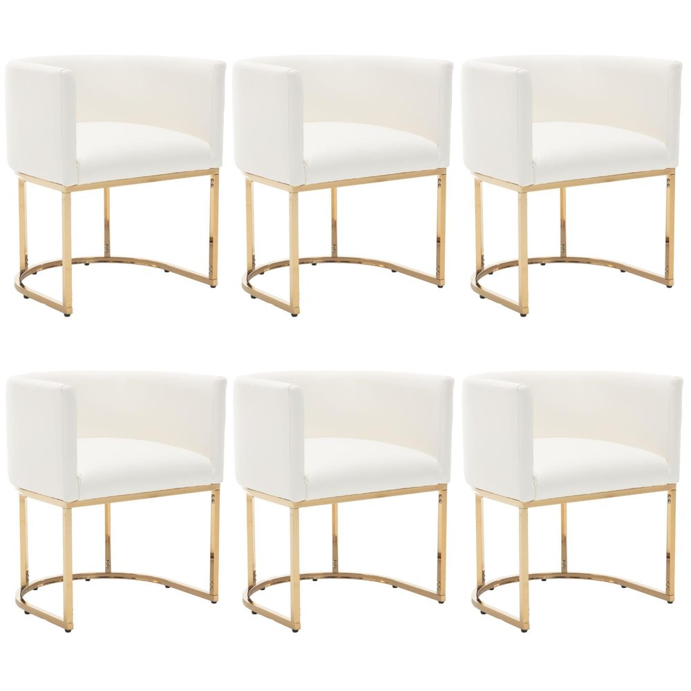 BESTANO Faux Leather Dining Chairs Set of 6 Modern Barrel Arm Chairs with Golden Metal Frame, Upholstered Kitchen Chairs 18.5" Wide Accent Chairs for Living Room Dining Room Restaurant, White
