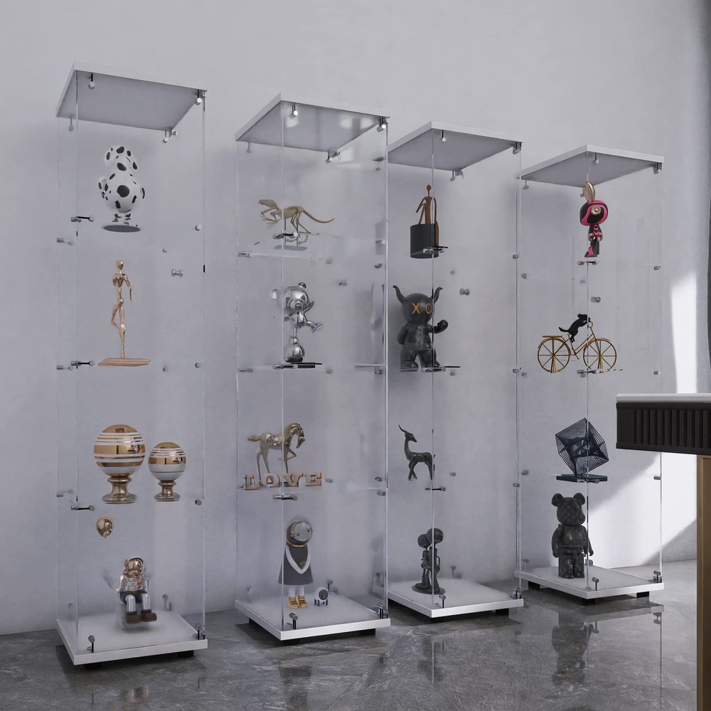 MTFY Floor Standing Glass Display Cabinet with 4 Shelves, 64.7" Glass Cabinet Bookshelf Display Case for Toys, Trophy, Living Room, Bedroom (1 Door, White, Lock)