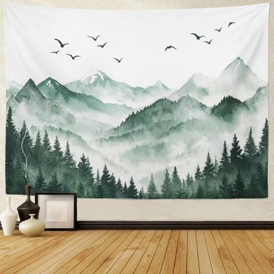 Amonercvita Misty Mountain Forest Tapestry Watercolor Nature Landscape Tapestry Aesthetic Foggy Forest Trees Tapestries Wall Hanging Green Woodland Scenery Backdrop for Bedroom