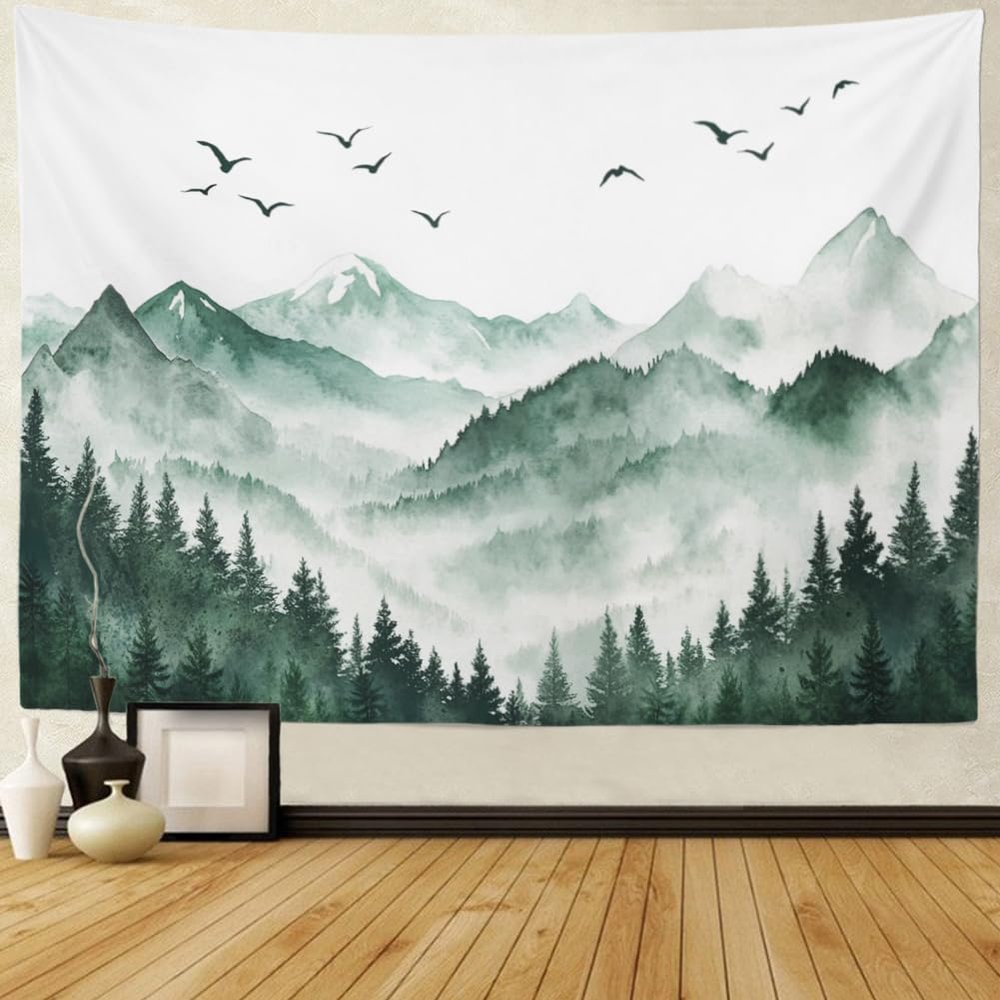 Amonercvita Misty Mountain Forest Tapestry Watercolor Nature Landscape Tapestry Aesthetic Foggy Forest Trees Tapestries Wall Hanging Green Woodland Scenery Backdrop for Bedroom