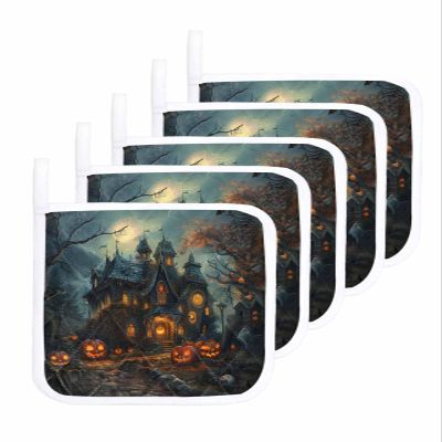 5 Pack Pot Holders for Kitchen,Halloween Castle Ghost Pumpkin Heat Proof Potholder Hot Pads Trivet,Spooky Haunted House Forest Washable Coaster Potholders for Cooking Baking Grilling